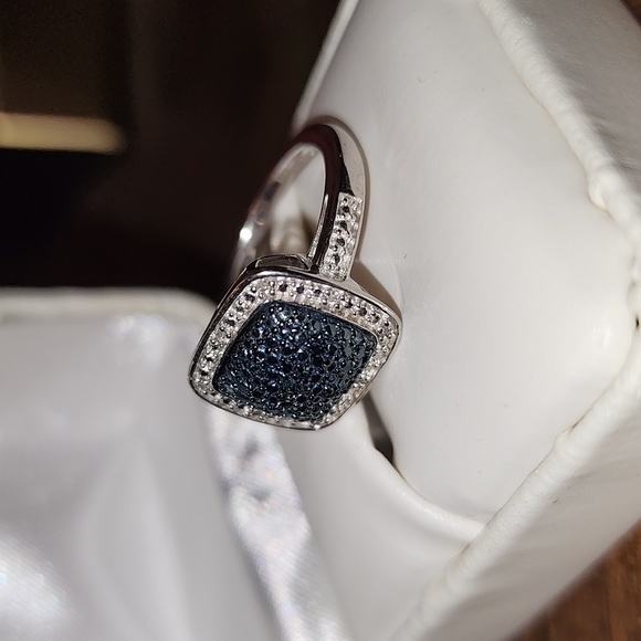 Cushion Cut Fancy Blue Diamond RIng Size: 7.25 Rhodium Overlay Brass - Picture 4 of 4